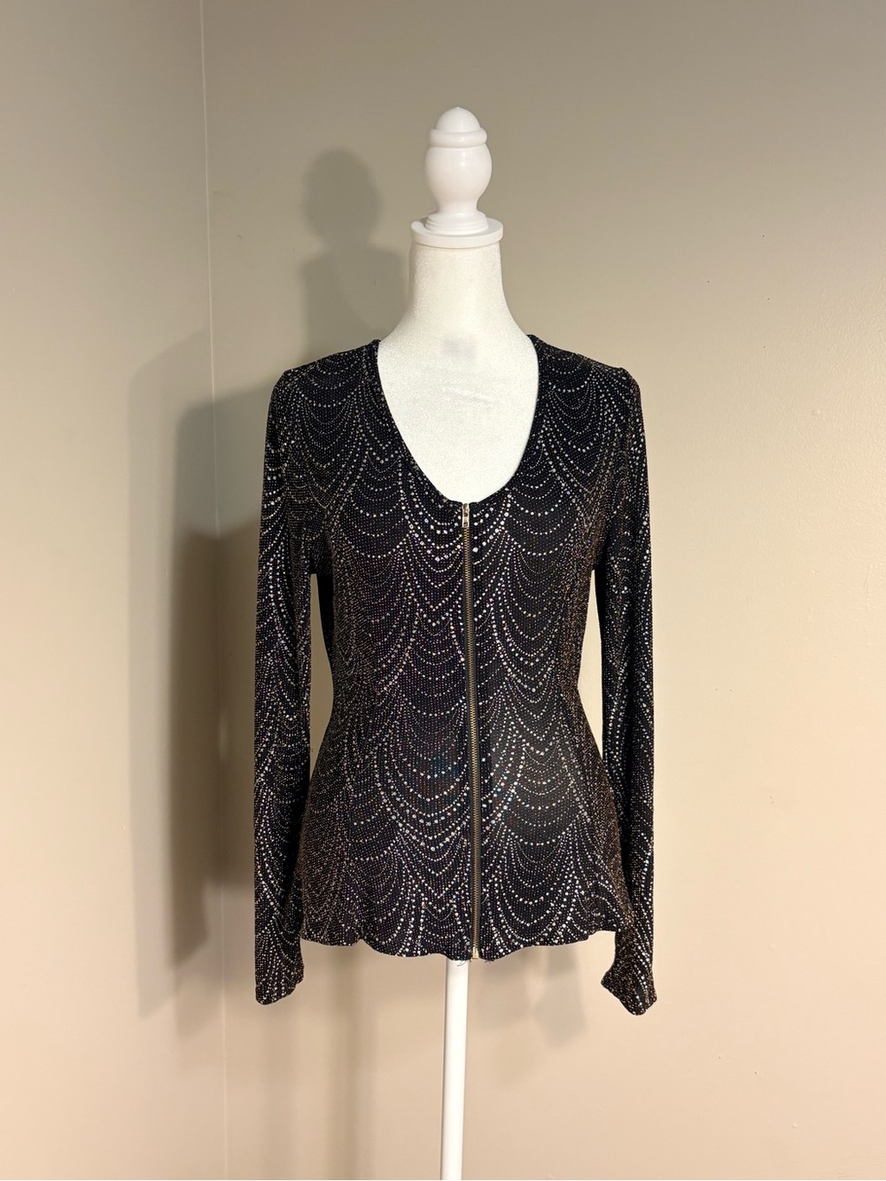 A’Gaci Brown Beaded Long Sleeve Top Size Large w/ Front Zipper Sheer V Neck 70s